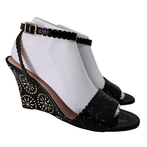 Kate Spade Black Iago Patent Leather Laser Cutout Wedge Sandal 9 Ankle Strap - Picture 1 of 8